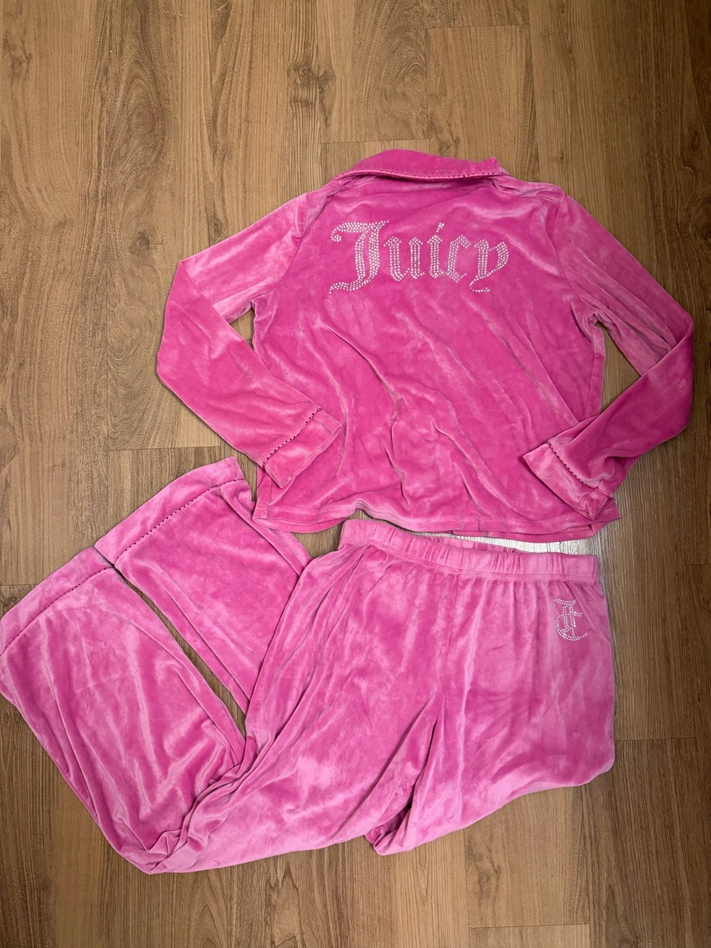 Juicy Couture Bedazzled Pink Velour Pajama Set Collared Shirt and Pants